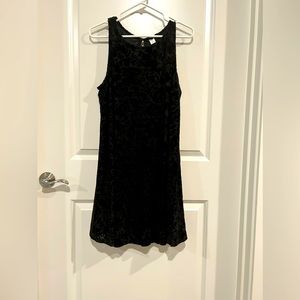 Large A-line swing/trapeze dress. Black velvet with burnout flowers, fully lined